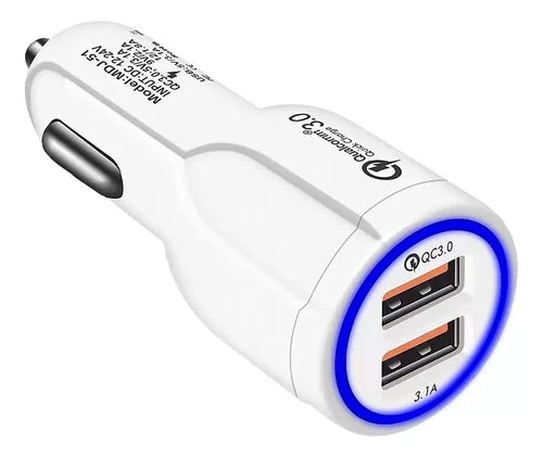 Cargador Para Auto Carga Rápida 2 Entradas USB 3A Blanco  Vikingotek