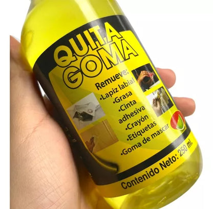 Quita Goma Removedor Líquido Multiusos 250ml Quitagoma Eliminador de Adhesivos y Residuos, Ideal para Superficies Variadas, Limpieza Rápida y Eficaz, Perfecto para Hogar, Oficina y Taller.