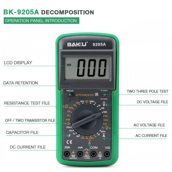 Bakú bk-9205 a multímetro digital LCD multifunción para corriente resistencia voltímetro Meter Tester universal Vikingotek