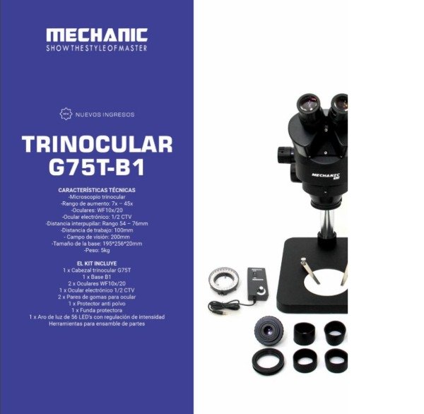 Microscopio Electrónica Mechanic Trinocular G75t-b1 Con Led Vikingotek